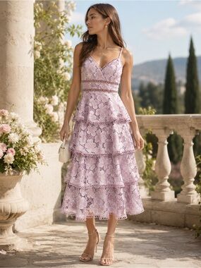 Arose Studio Lavender Floral Lace Tiered Midi Dress XL NWT Wedding Guest